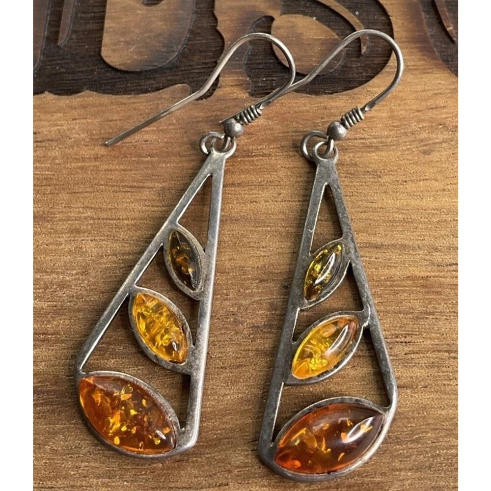 Sterling Silver Baltic Amber Dangle Drop Earrings Modern 1.5”